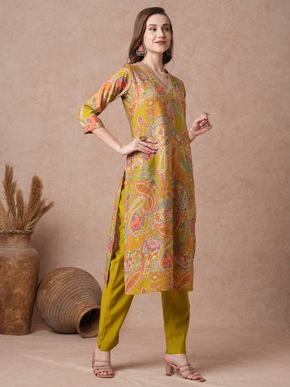 Ethnic Floral Foil Printed Straight Kurta with Pant - Lime Green
