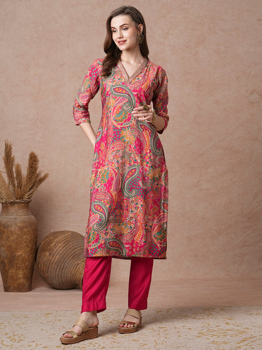 Ethnic Floral Printed Embroidered Straight Fit Kurta with Pant - Pink