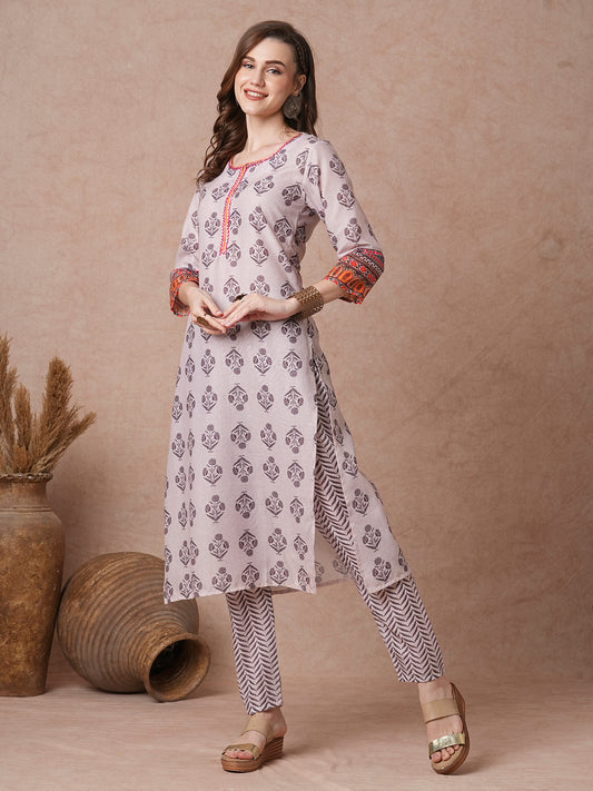 Ethnic Printed & Embroidered Straight Fit Kurta with Pant - Cream