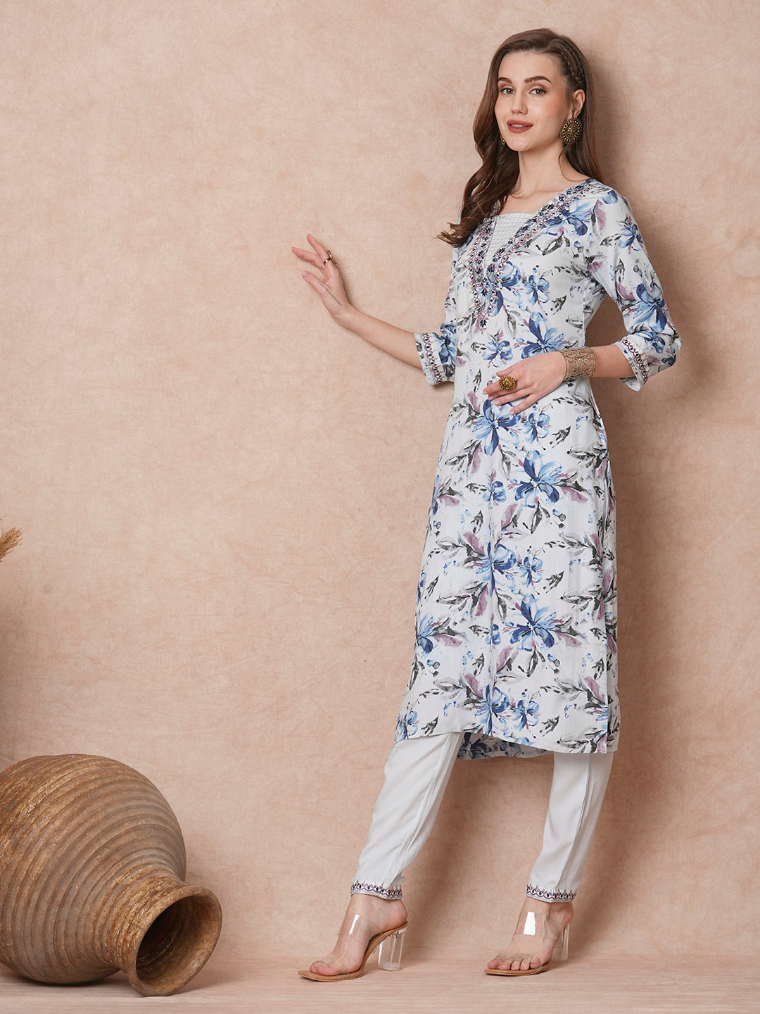 Floral Printed & Embroidered Straight Fit Kurta with Pant - Blue