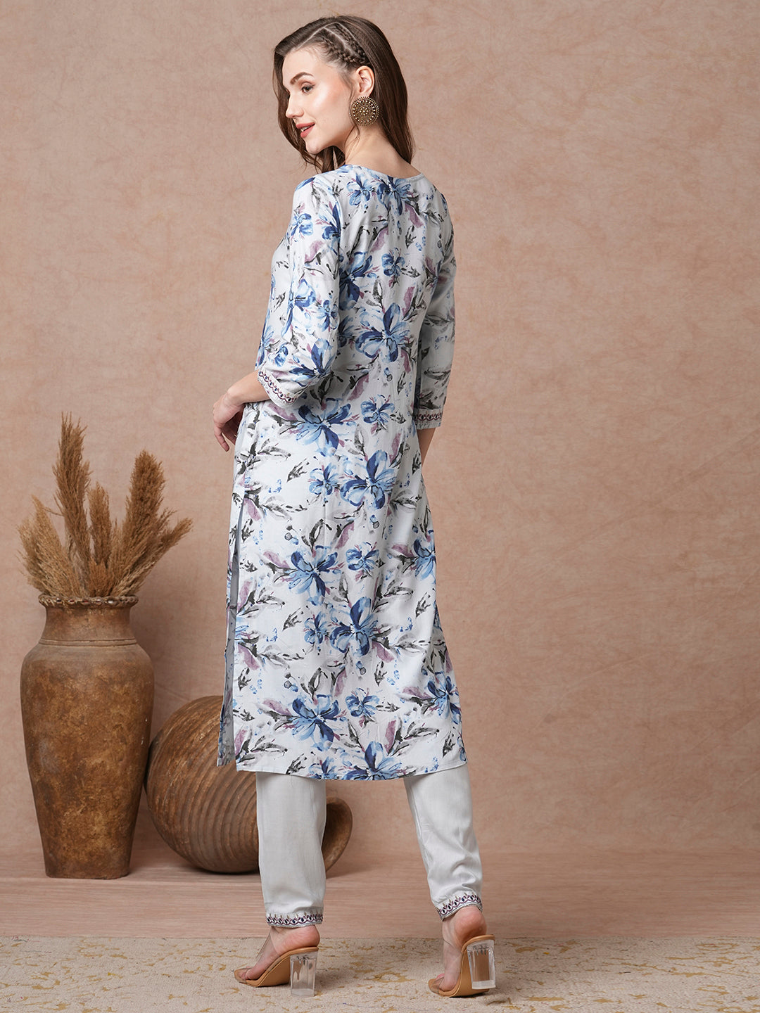 Floral Printed & Embroidered Straight Fit Kurta with Pant - Blue