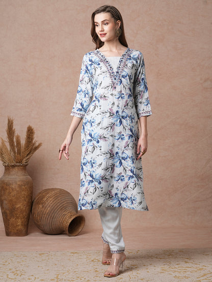 Floral Printed & Embroidered Straight Fit Kurta with Pant - Blue