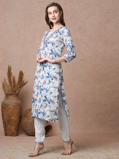 Floral Printed & Embroidered Straight Fit Kurta with Pant - Blue