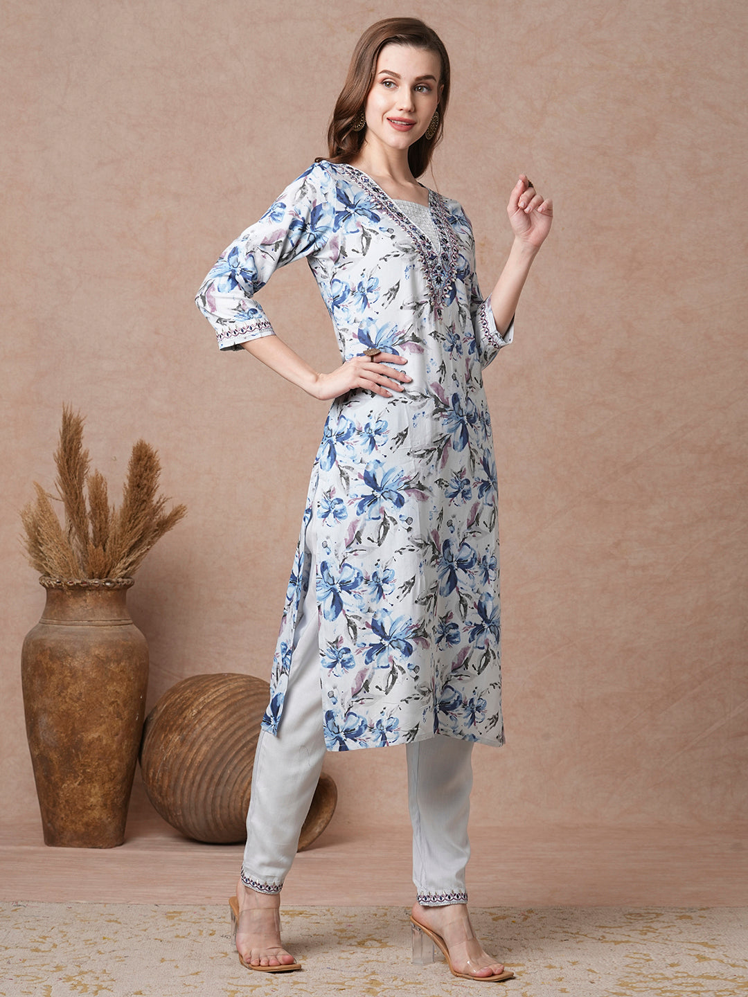 Floral Printed & Embroidered Straight Fit Kurta with Pant - Blue