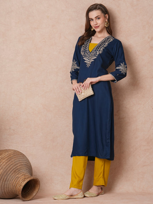 Solid Ethnic Embroidered Straight Fit Kurta with Pant - Teal Blue