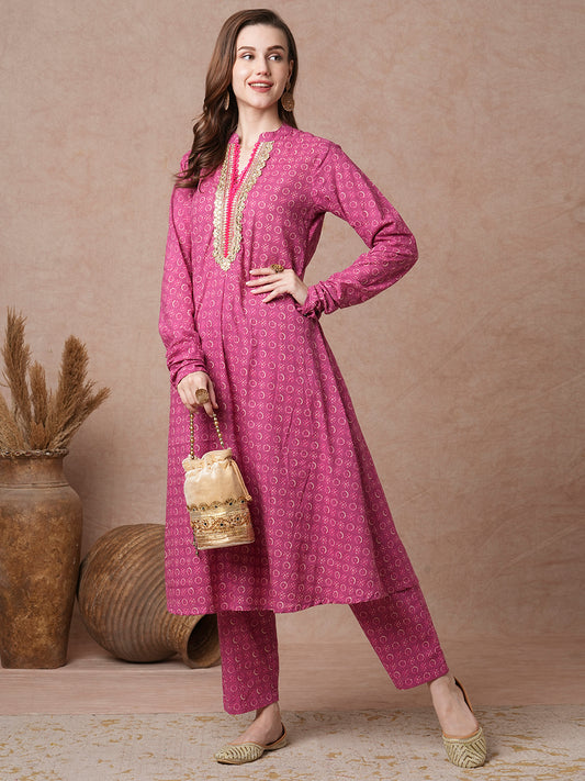 Ethnic Floral Printed Embroidered A-Line Paneled Kurta with Pant - Pink