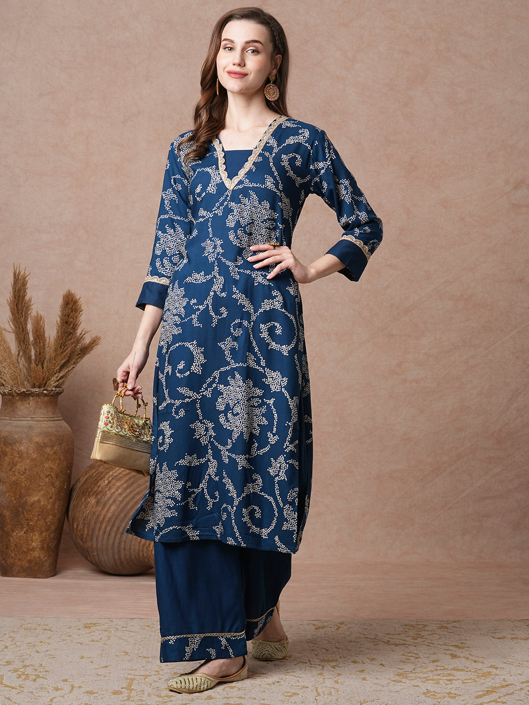 Floral Printed & Embroidered Straight Fit Kurta with Palazzo - Blue