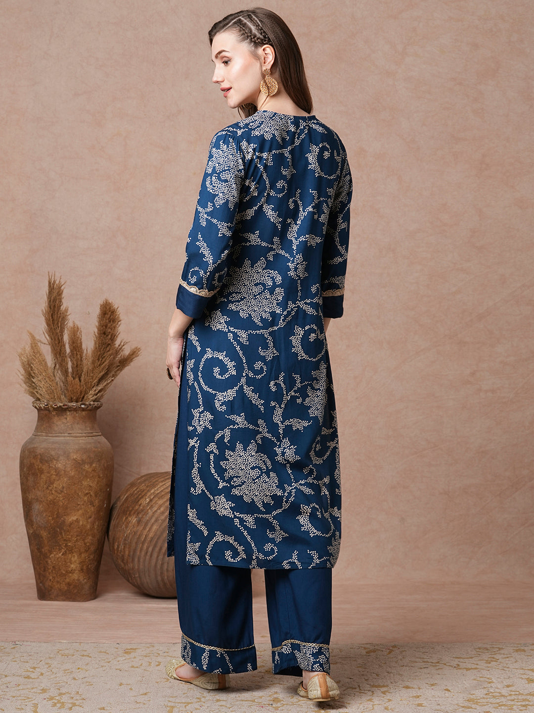 Floral Printed & Embroidered Straight Fit Kurta with Palazzo - Blue