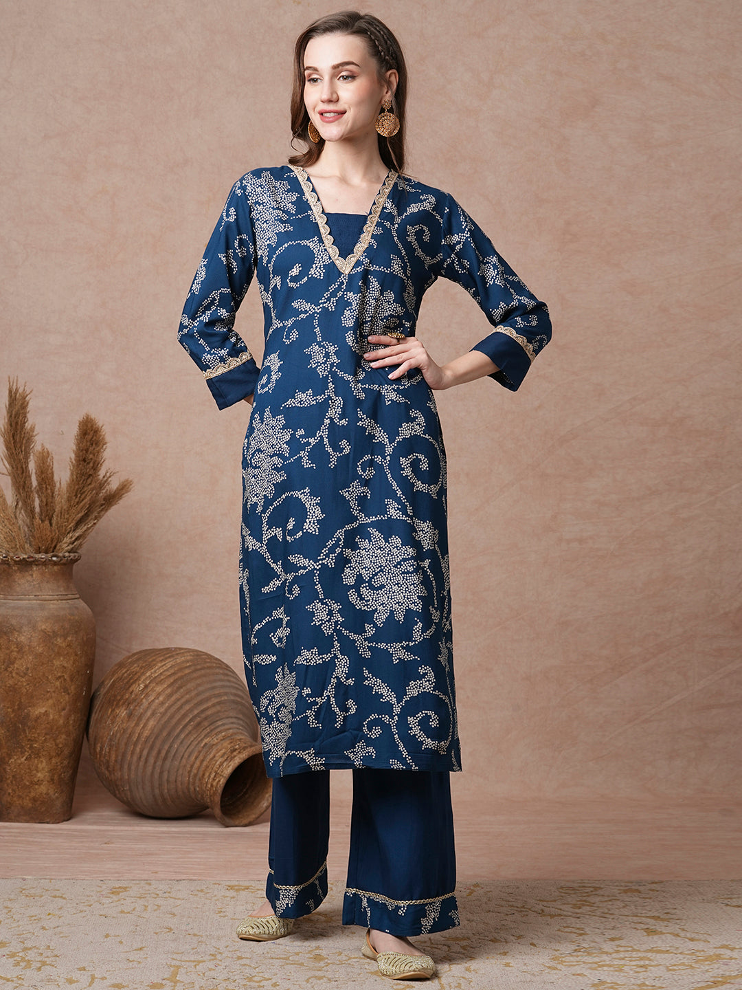 Floral Printed & Embroidered Straight Fit Kurta with Palazzo - Blue