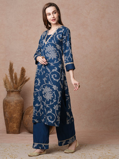 Floral Printed & Embroidered Straight Fit Kurta with Palazzo - Blue