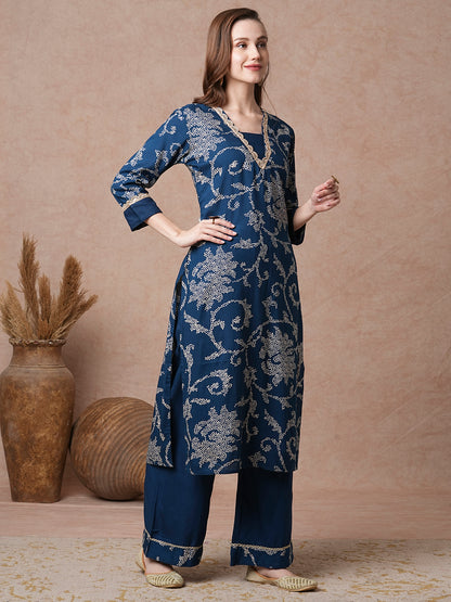 Floral Printed & Embroidered Straight Fit Kurta with Palazzo - Blue