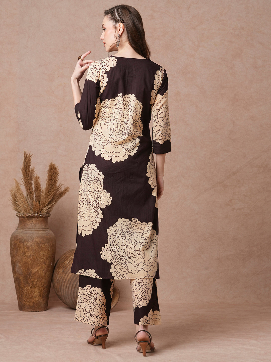 Abstract Floral Printed Straight Fit Co-ord Set - Brown