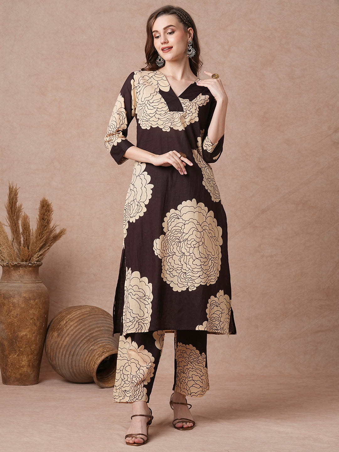 Abstract Floral Printed Straight Fit Co-ord Set - Brown