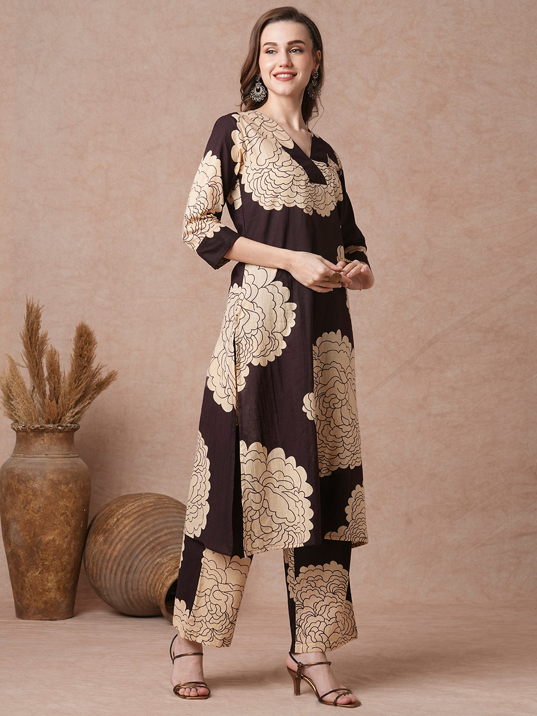 Abstract Floral Printed Straight Fit Co-ord Set - Brown