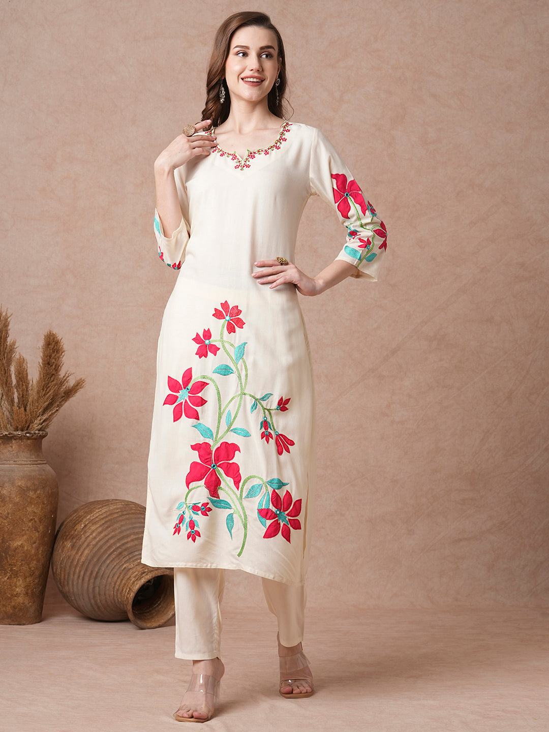 Solid Floral Patchwork Straight Fit Kurta with Pant - Cream