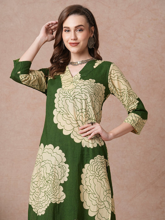 Abstract Floral Printed Straight Fit Co-ord Set - Green