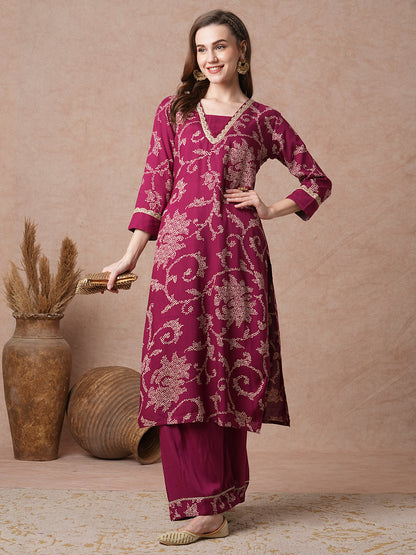 Bandhani Printed & Embroidered Straight Fit Kurta with Palazzo - Magenta