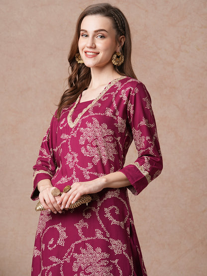 Bandhani Printed & Embroidered Straight Fit Kurta with Palazzo - Magenta