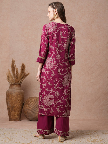 Bandhani Printed & Embroidered Straight Fit Kurta with Palazzo - Magenta