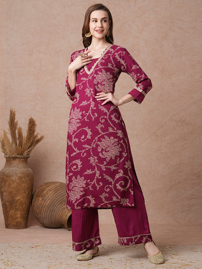 Bandhani Printed & Embroidered Straight Fit Kurta with Palazzo - Magenta