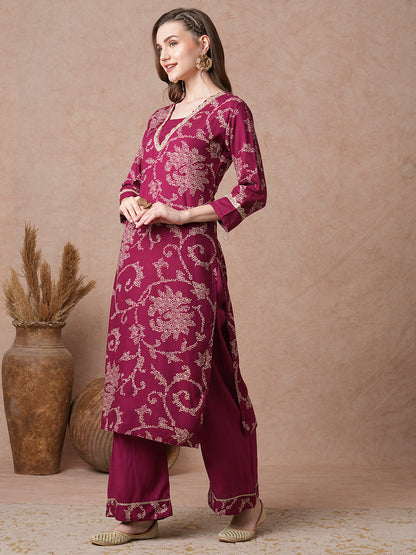 Bandhani Printed & Embroidered Straight Fit Kurta with Palazzo - Magenta