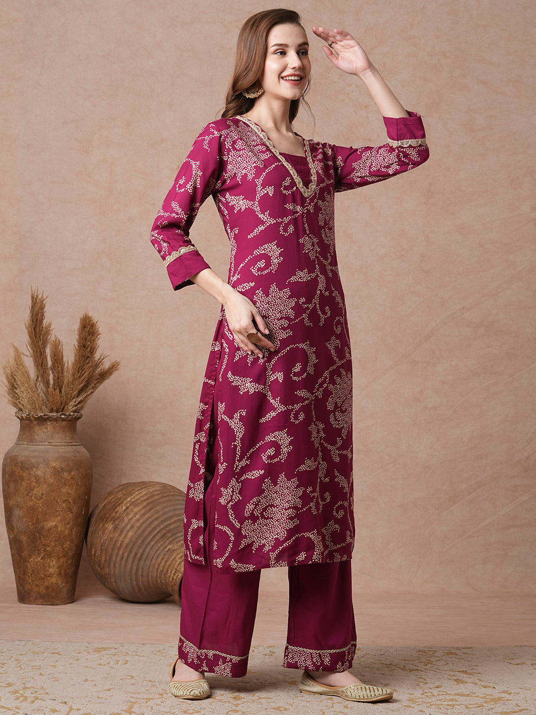 Bandhani Printed & Embroidered Straight Fit Kurta with Palazzo - Magenta