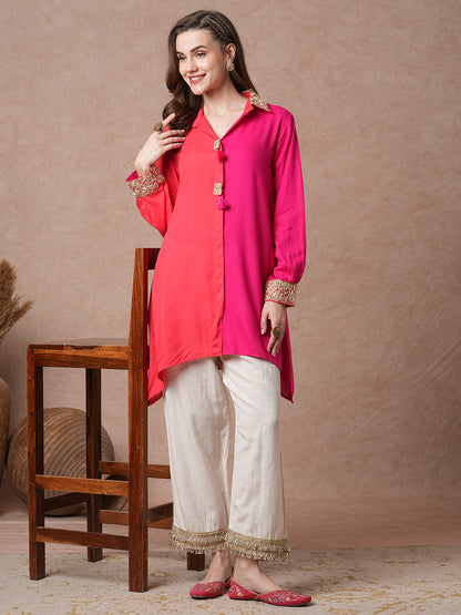 Floral Embroidered Colorblocked A-Line Kurti - Multi