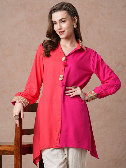 Floral Embroidered Colorblocked A-Line Kurti - Multi