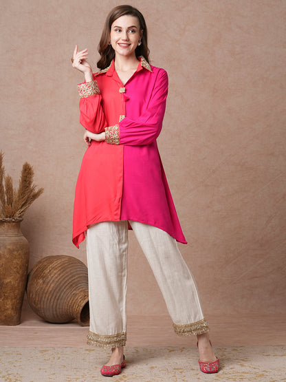 Floral Embroidered Colorblocked A-Line Kurti - Multi