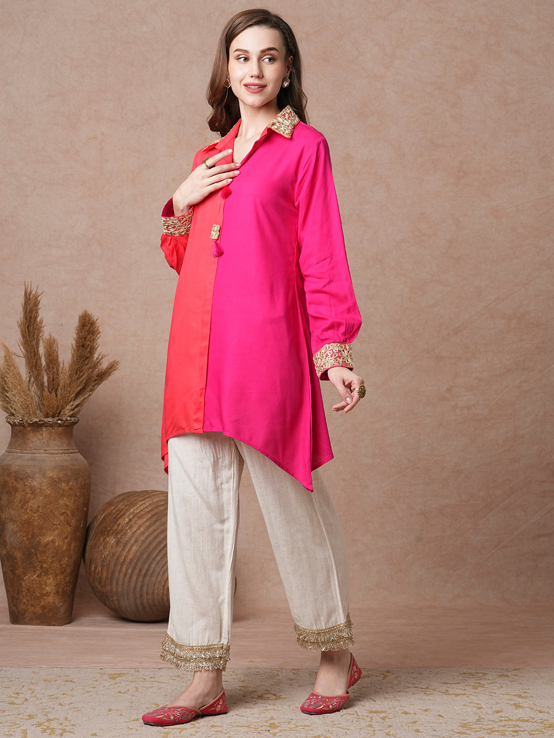 Floral Embroidered Colorblocked A-Line Kurti - Multi