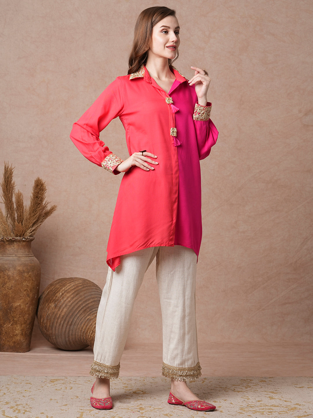 Floral Embroidered Colorblocked A-Line Kurti - Multi