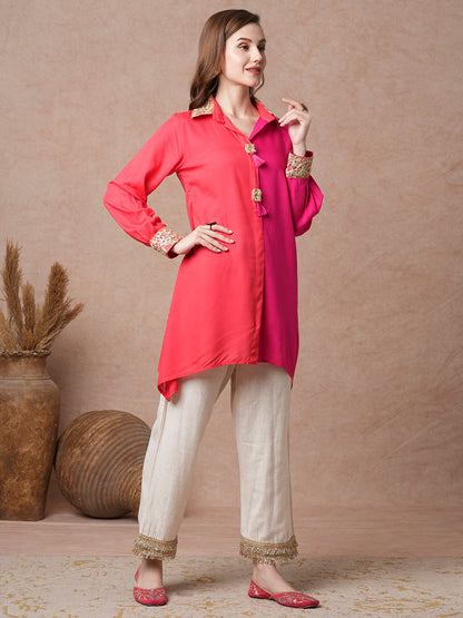 Floral Embroidered Colorblocked A-Line Kurti - Multi