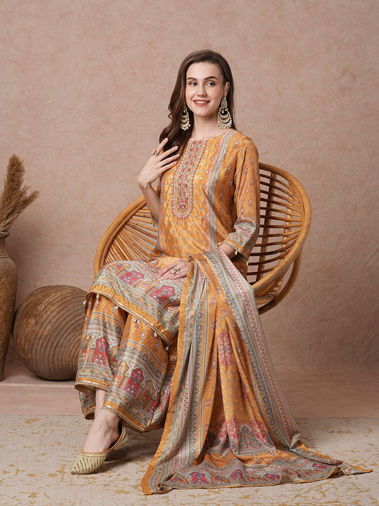 Ethnic Printed & Embroidered Straight Kurta with Flared Palazzo & Dupatta - Yellow