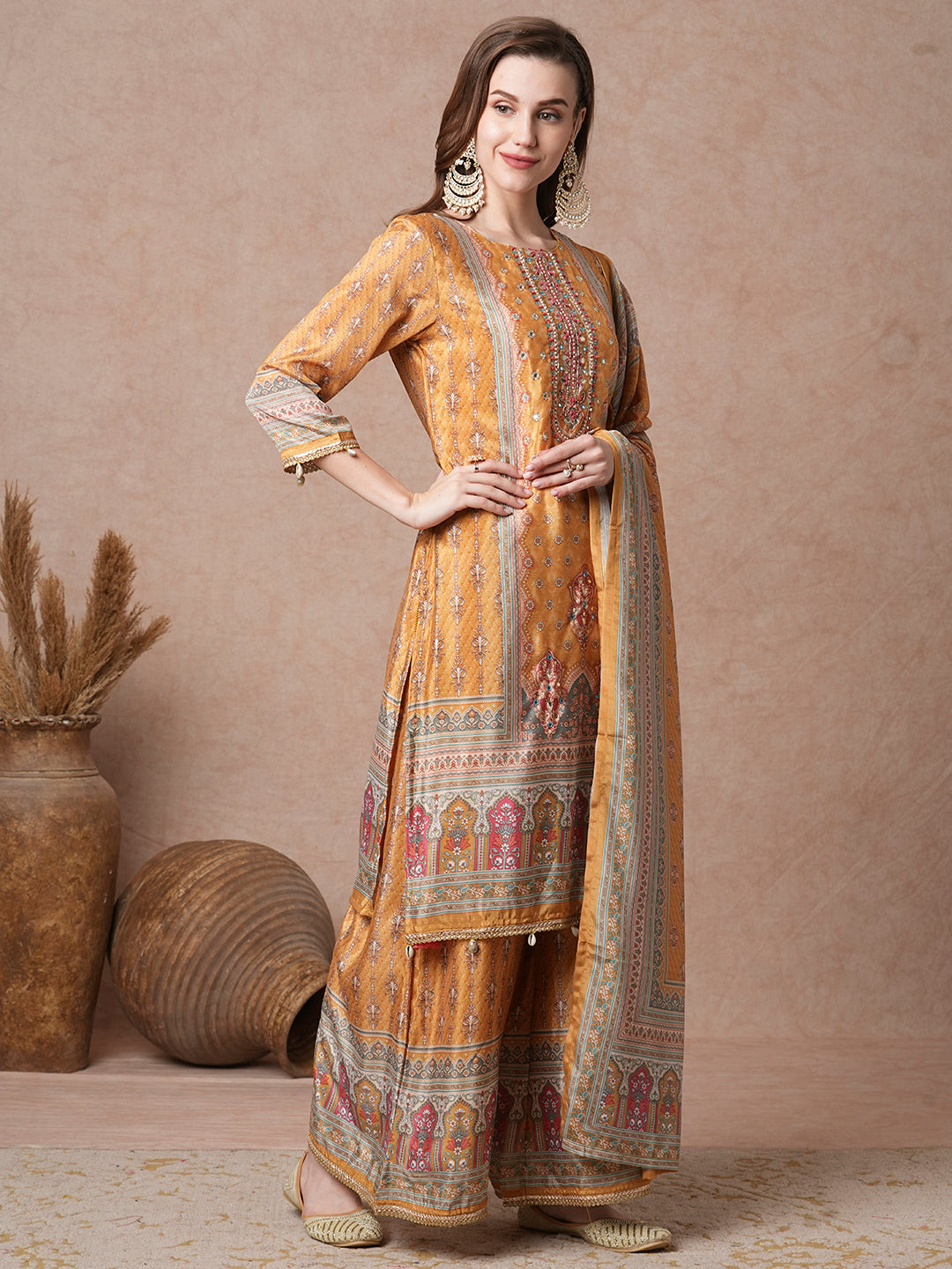 Ethnic Printed & Embroidered Straight Kurta with Flared Palazzo & Dupatta - Yellow