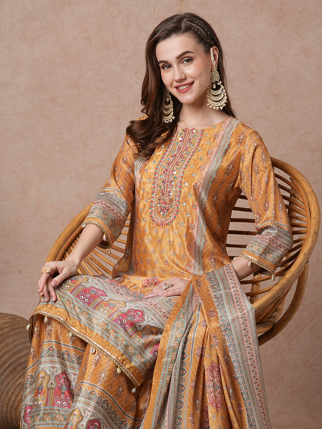 Ethnic Printed & Embroidered Straight Kurta with Flared Palazzo & Dupatta - Yellow