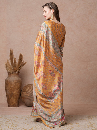 Ethnic Printed & Embroidered Straight Kurta with Flared Palazzo & Dupatta - Yellow