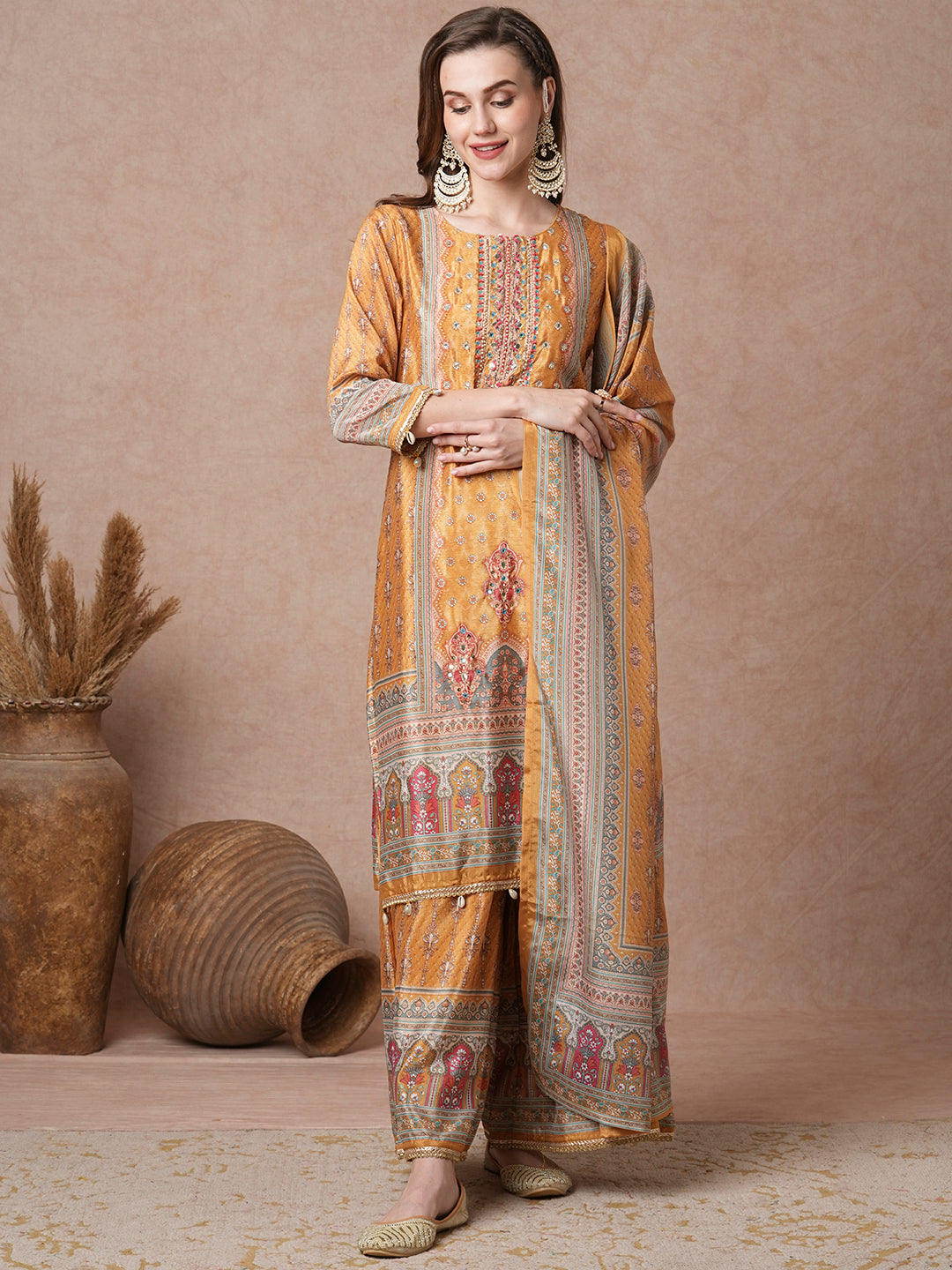 Ethnic Printed & Embroidered Straight Kurta with Flared Palazzo & Dupatta - Yellow