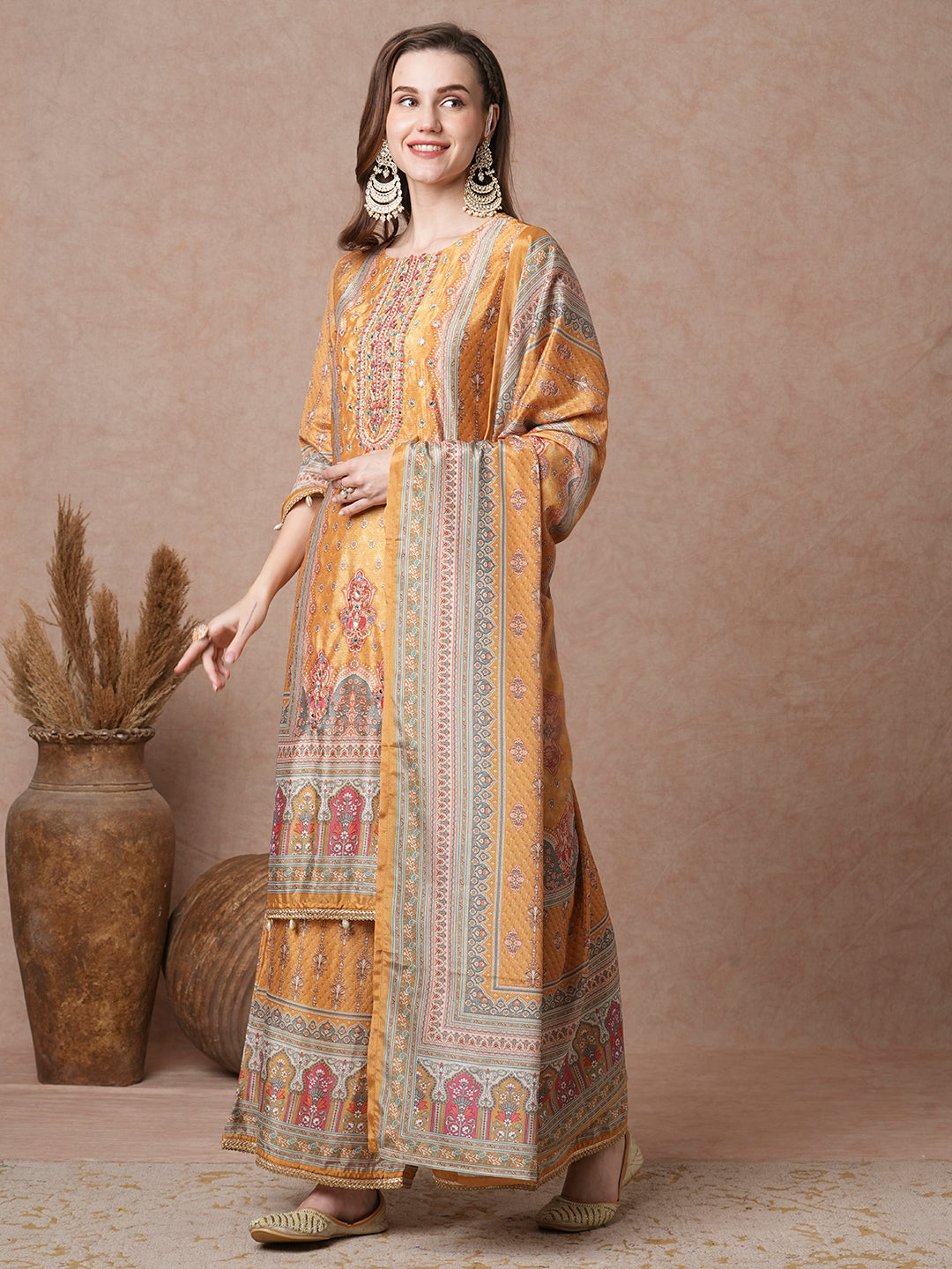 Ethnic Printed & Embroidered Straight Kurta with Flared Palazzo & Dupatta - Yellow