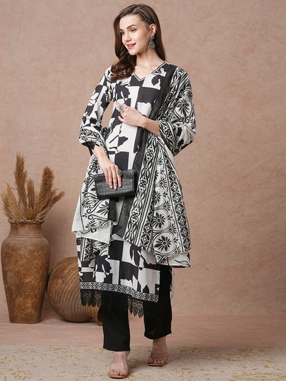Abstract Printed & Embroidered Straight Fit Kurta with Pant and Dupatta - Multi