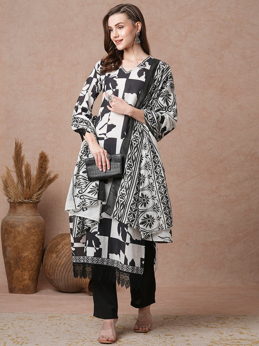 Abstract Printed & Embroidered Straight Fit Kurta with Pant and Dupatta - Multi
