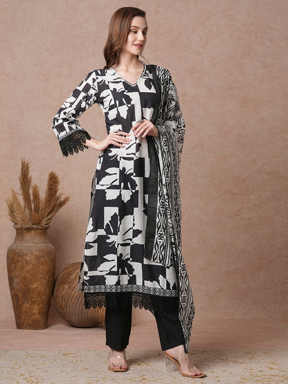 Abstract Printed & Embroidered Straight Fit Kurta with Pant and Dupatta - Multi