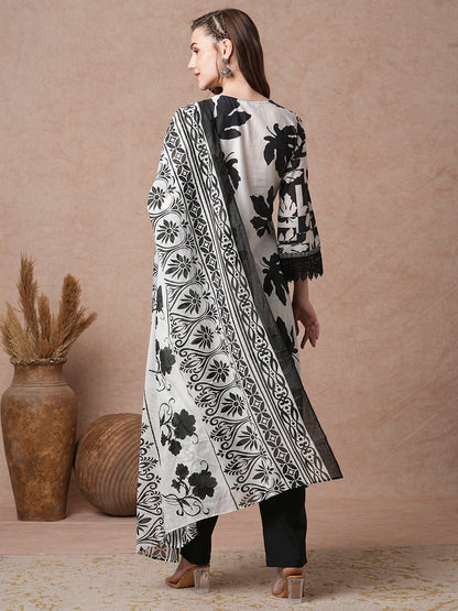Abstract Printed & Embroidered Straight Fit Kurta with Pant and Dupatta - Multi