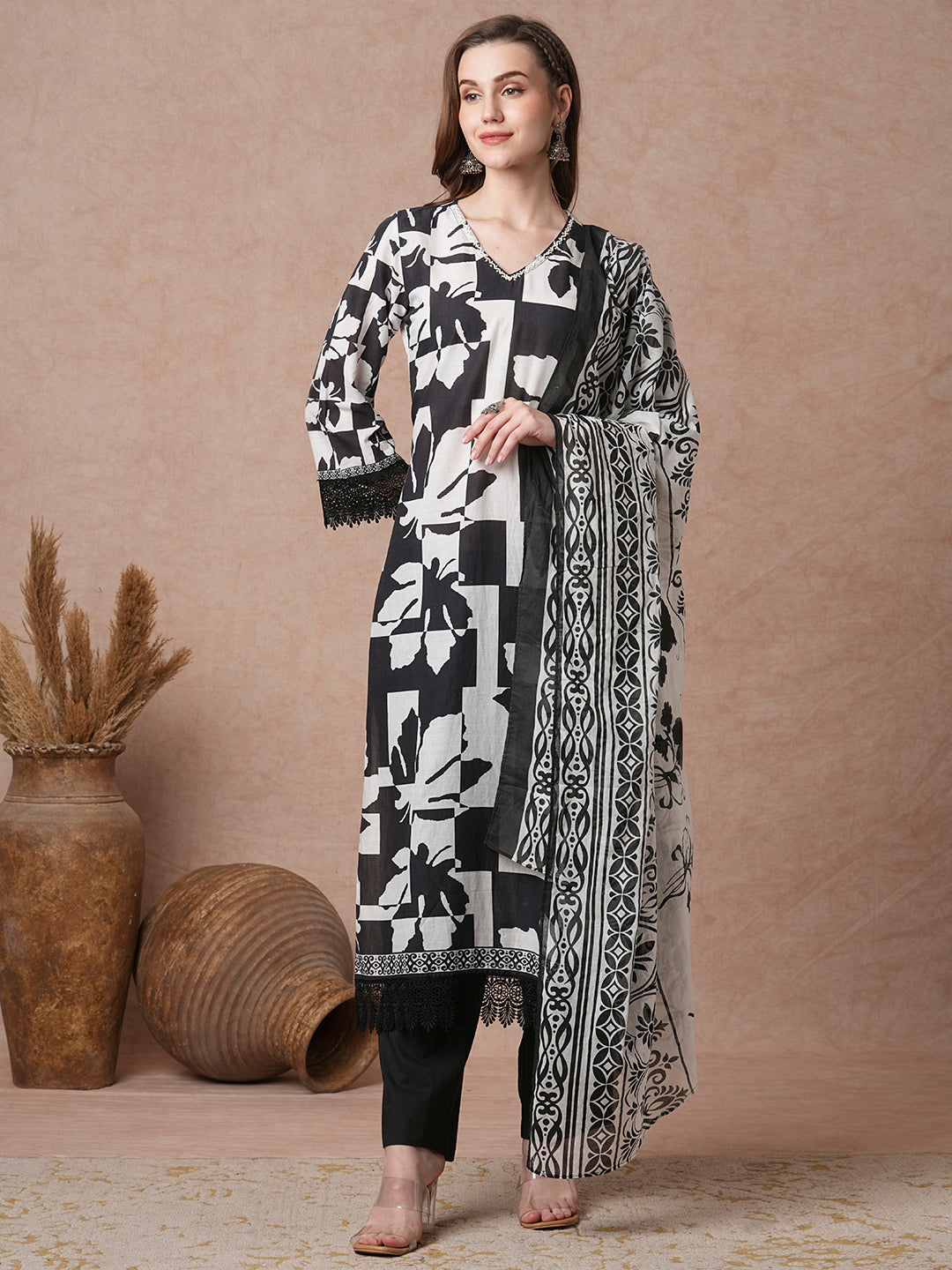 Abstract Printed & Embroidered Straight Fit Kurta with Pant and Dupatta - Multi