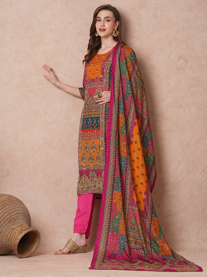 Ethnic Floral Printed & Embroidered Straight Fit Kurta with Pant and Dupatta - Multi