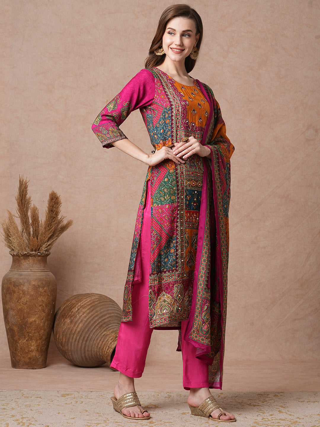 Ethnic Floral Printed & Embroidered Straight Fit Kurta with Pant and Dupatta - Multi