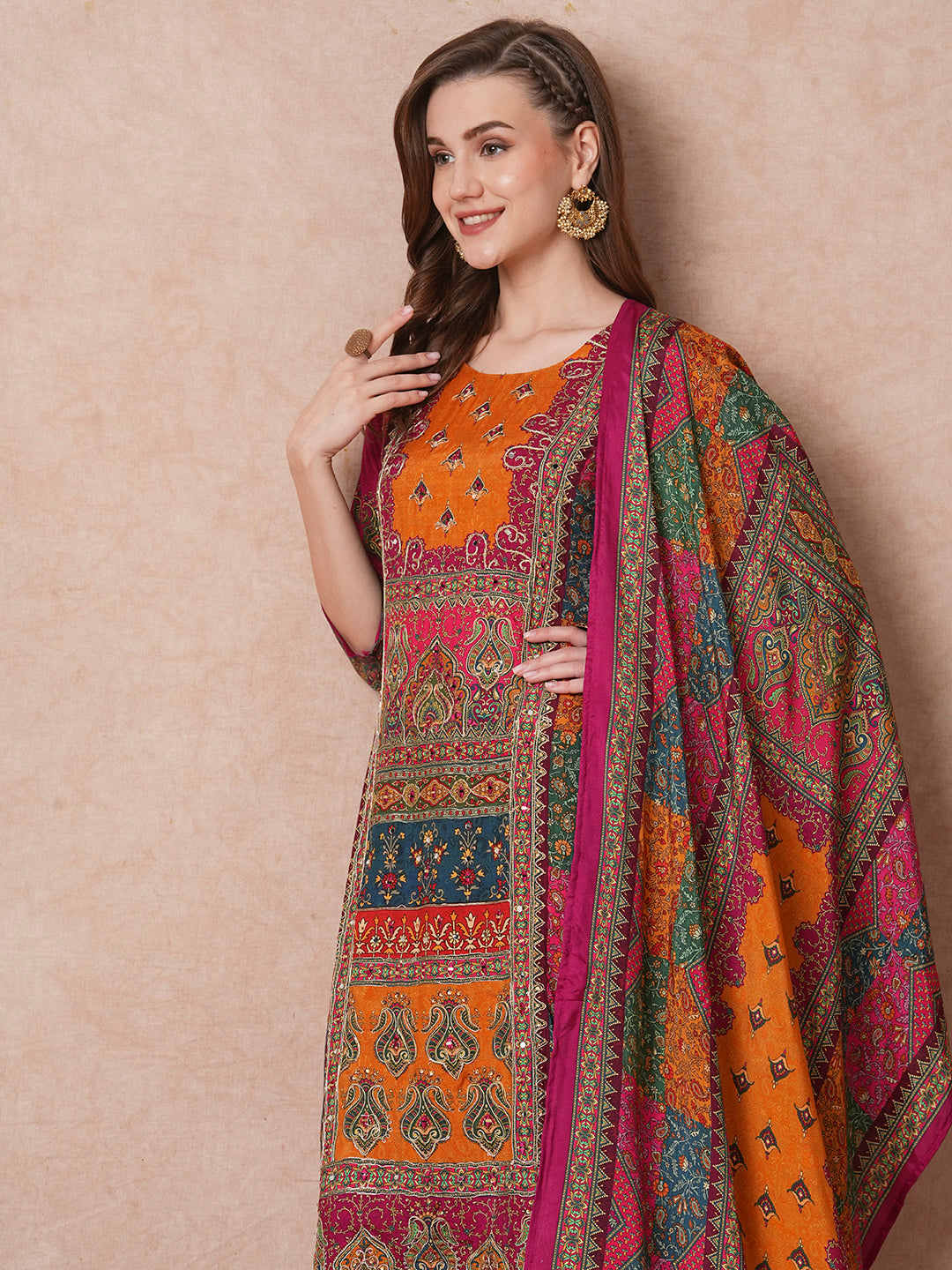 Ethnic Floral Printed & Embroidered Straight Fit Kurta with Pant and Dupatta - Multi