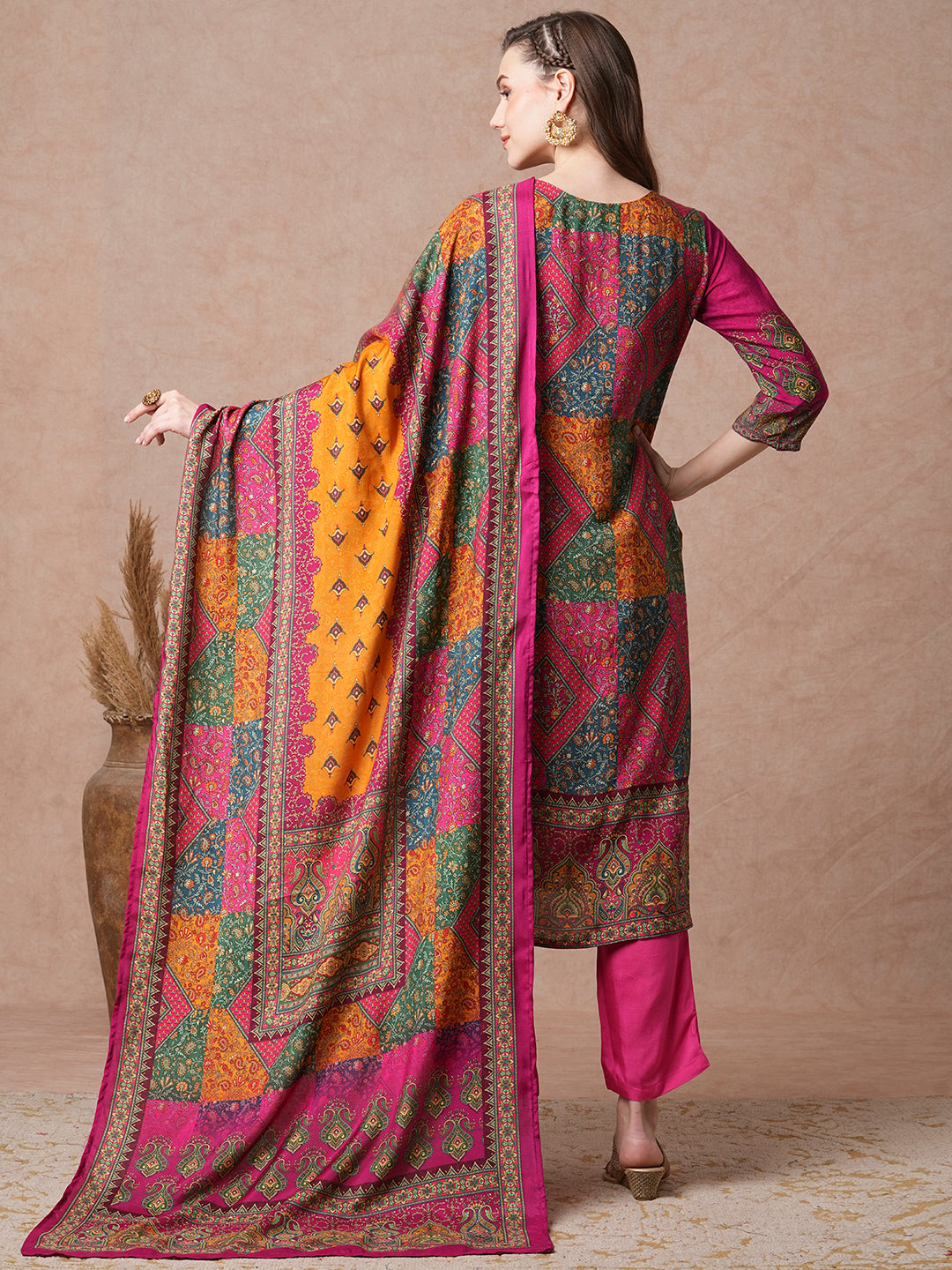 Ethnic Floral Printed & Embroidered Straight Fit Kurta with Pant and Dupatta - Multi