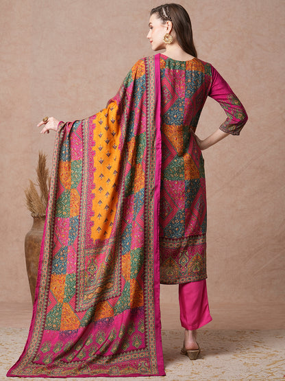 Ethnic Floral Printed & Embroidered Straight Fit Kurta with Pant and Dupatta - Multi