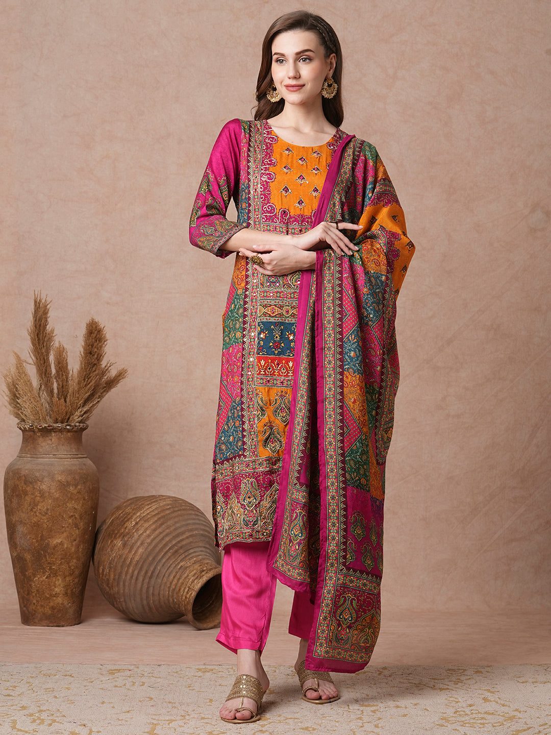 Ethnic Floral Printed & Embroidered Straight Fit Kurta with Pant and Dupatta - Multi