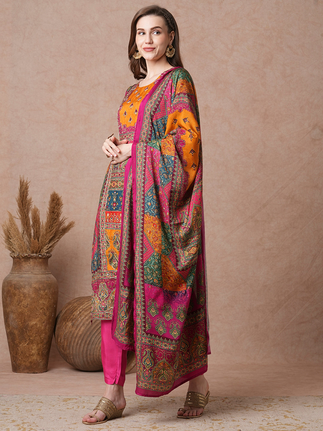 Ethnic Floral Printed & Embroidered Straight Fit Kurta with Pant and Dupatta - Multi